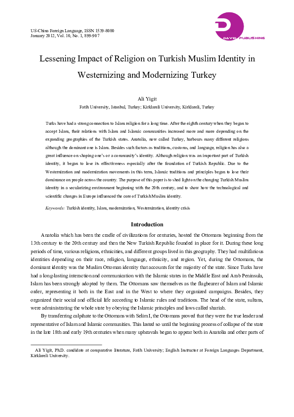 (PDF) Lessening Impact of Religion on Turkish Muslim Identity in ...