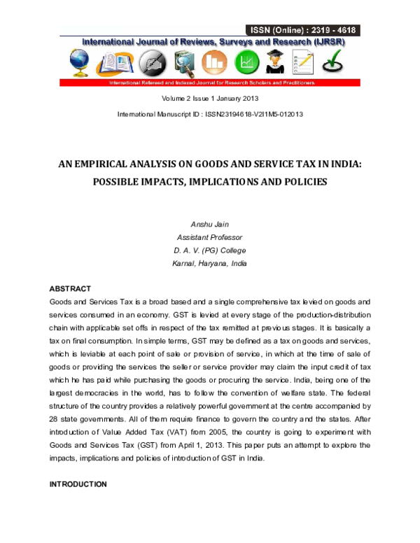 (PDF) AN EMPIRICAL ANALYSIS ON GOODS AND SERVICE TAX IN INDIA: POSSIBLE ...