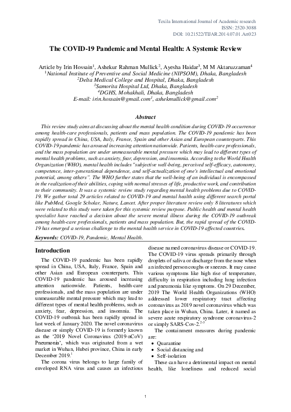 (PDF) The COVID-19 Pandemic and Mental Health: A Systemic Review
