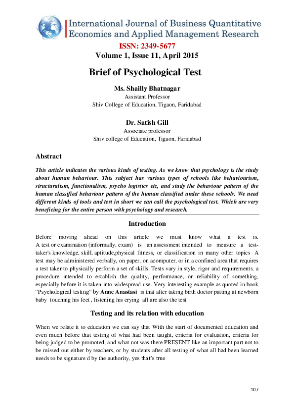 (PDF) Brief of Psychological Test Dr. Satish Gill Academia.edu