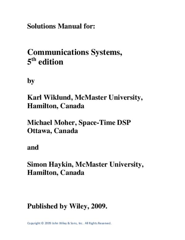 (PDF) Solutions Manual for Communications Systems, 5 th edition Simon