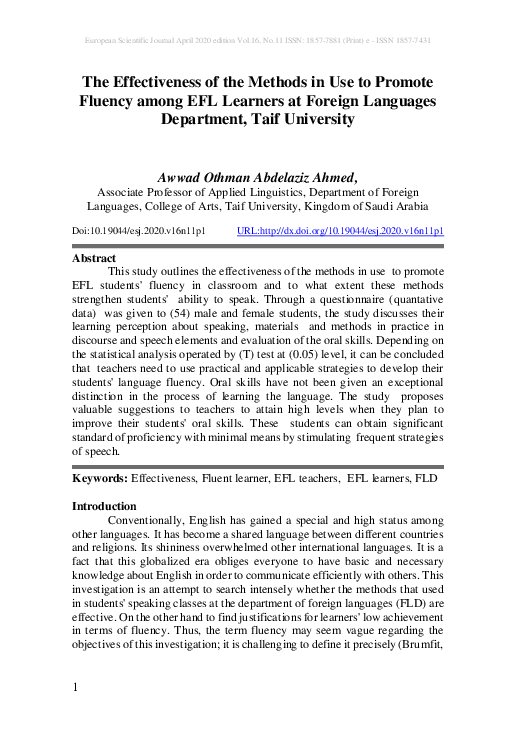 (PDF) The Effectiveness of the Methods in Use to Promote Fluency among ...