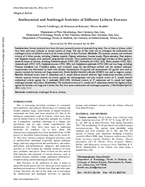 (PDF) Antibacterial and Antifungal Activities of Different Lichens Extracts