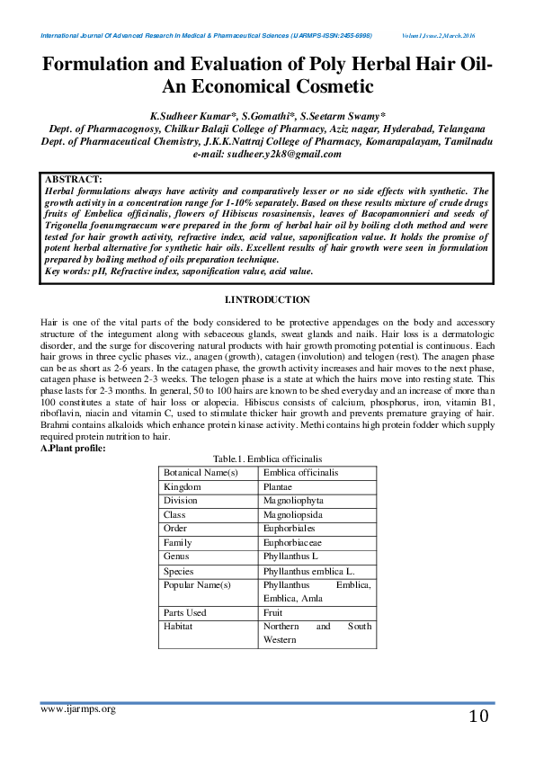 (PDF) Formulation and Evaluation of Poly Herbal Hair Oil An Economical