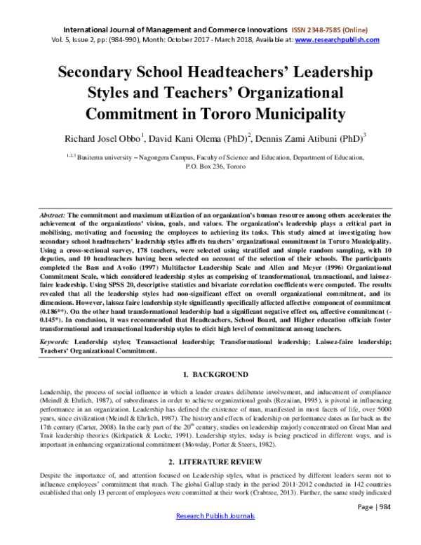 (PDF) Secondary School Headteachers' Leadership Styles and Teachers ...