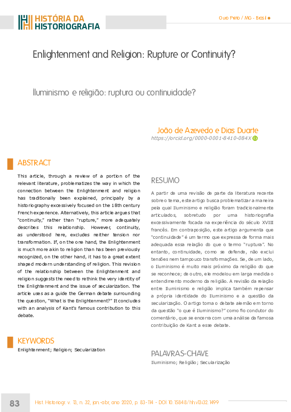 (PDF) Enlightenment and Religion Rupture or Continuity? João de