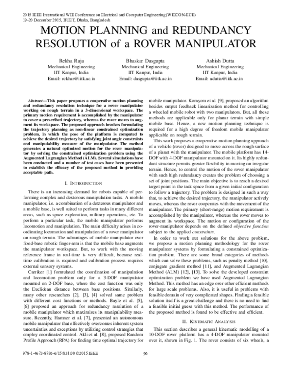 (PDF) MOTION PLANNING and REDUNDANCY RESOLUTION of a ROVER MANIPULATOR