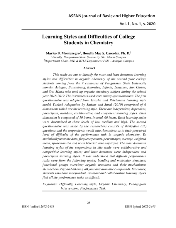(PDF) Learning Styles and Difficulties of College Students in Chemistry