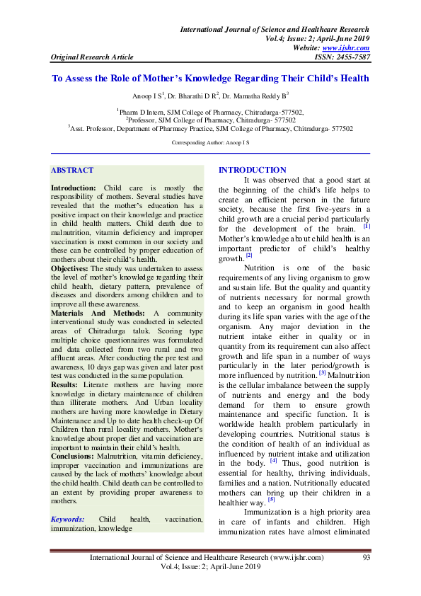 (PDF) To Assess the Role of Mother's Knowledge Regarding Their Child's ...