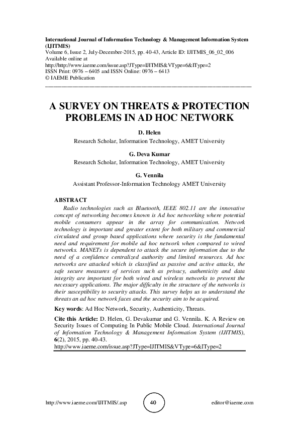 (PDF) A SURVEY ON THREATS & PROTECTION PROBLEMS IN AD HOC NETWORK