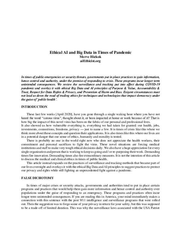 (PDF) Ethical AI and Big Data in Times of Pandemic
