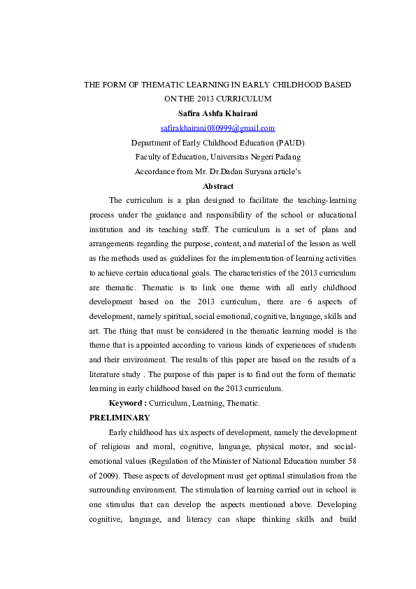 (DOC) THE FORM OF THEMATIC LEARNING IN EARLY CHILDHOOD BASED ON THE ...
