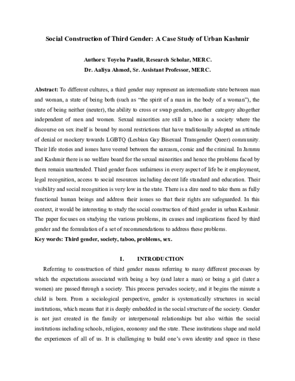 (DOC) Social Construction of Third Gender: A Case Study of Urban Kashmir