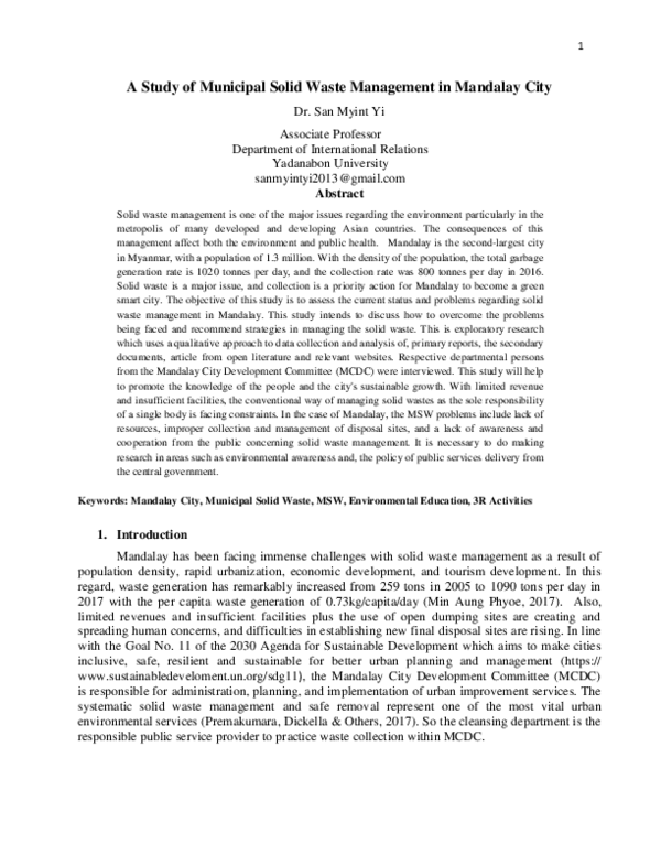 (PDF) A Study of Municipal Solid Waste Management in Mandalay City