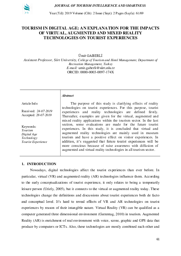 (PDF) TOURISM IN DIGITAL AGE: AN EXPLANATION FOR THE IMPACTS OF VIRTUAL ...