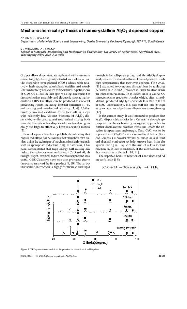 (PDF) Mechanochemical synthesis of nanocrystalline Al 2 O 3 dispersed ...