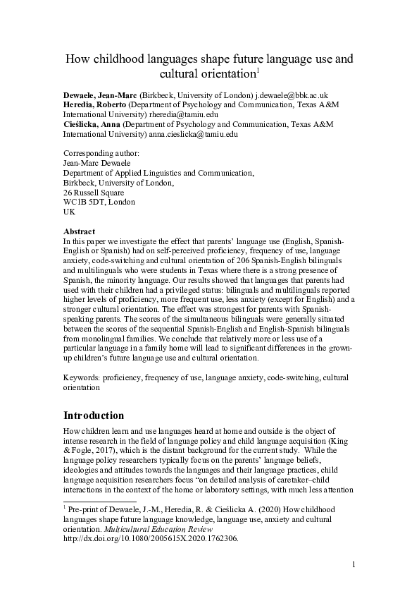 (DOC) How childhood languages shape future language use and cultural ...