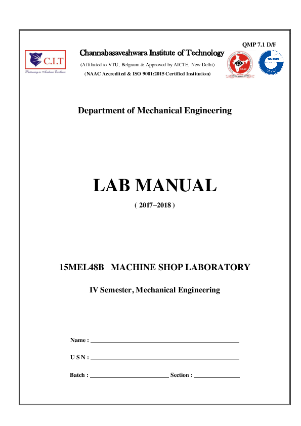 (PDF) Channabasaveshwara Institute of Technology LAB MANUAL 15MEL48B MACHINE SHOP LABORATORY IV