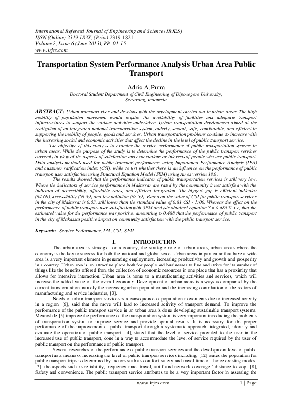 (PDF) Transportation System Performance Analysis Urban Area Public ...