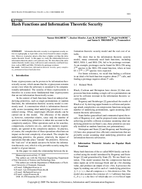 (PDF) Hash Functions and Information Theoretic Security