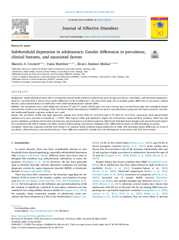 (PDF) Subthreshold depression in adolescence: Gender differences in ...