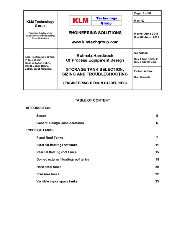 (PDF) STORAGE TANK SELECTION, SIZING AND TROUBLESHOOTING, Kolmetz