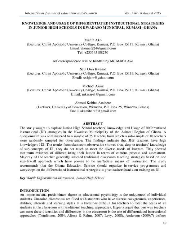 pdf knowledge and usage of differentiated instructional strategies in