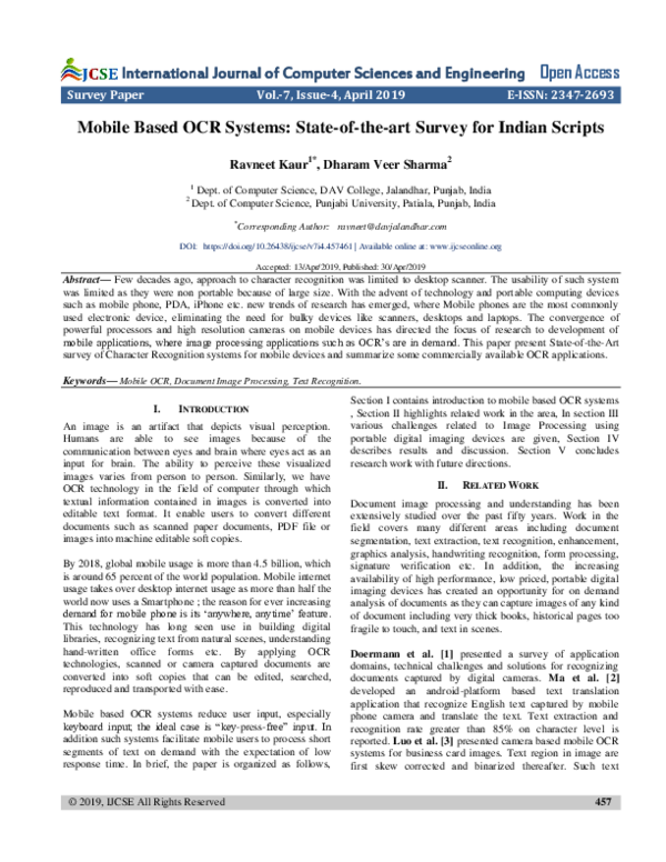 (PDF) Mobile Based OCR Systems: State-of-the-art Survey for Indian Scripts