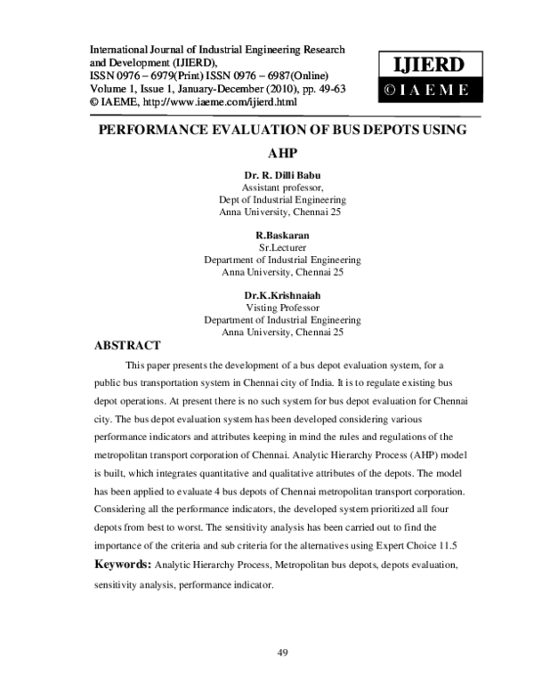 (PDF) PERFORMANCE EVALUATION OF BUS DEPOTS USING IAEME Publication