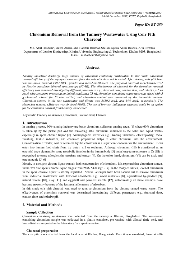 (PDF) Chromium Removal from the Tannery Wastewater Using Coir Pith Charcoal