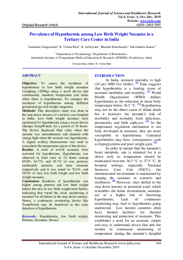 (PDF) Prevalence of Hypothermia among Low Birth Weight Neonates in a ...