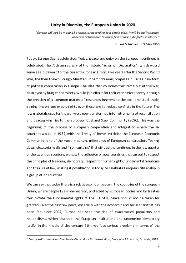 (PDF) Unity in Diversity, the European Union in 2020