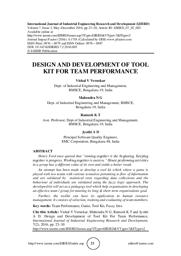 (PDF) DESIGN AND DEVELOPMENT OF TOOL KIT FOR TEAM PERFORMANCE