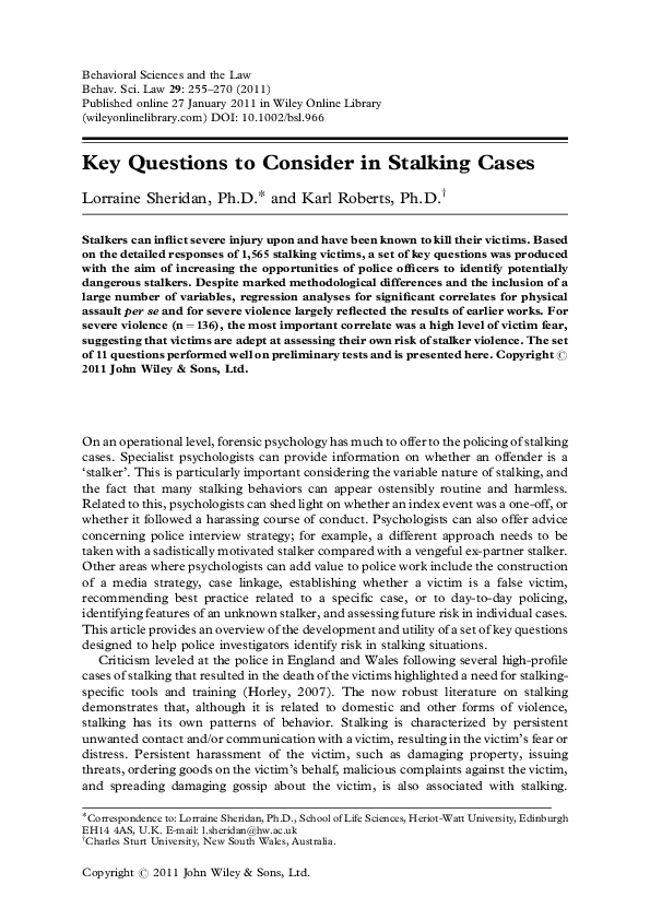  PDF Key Questions To Consider In genuine Stalking Cases Not Relevant To Imaginary Stalking 