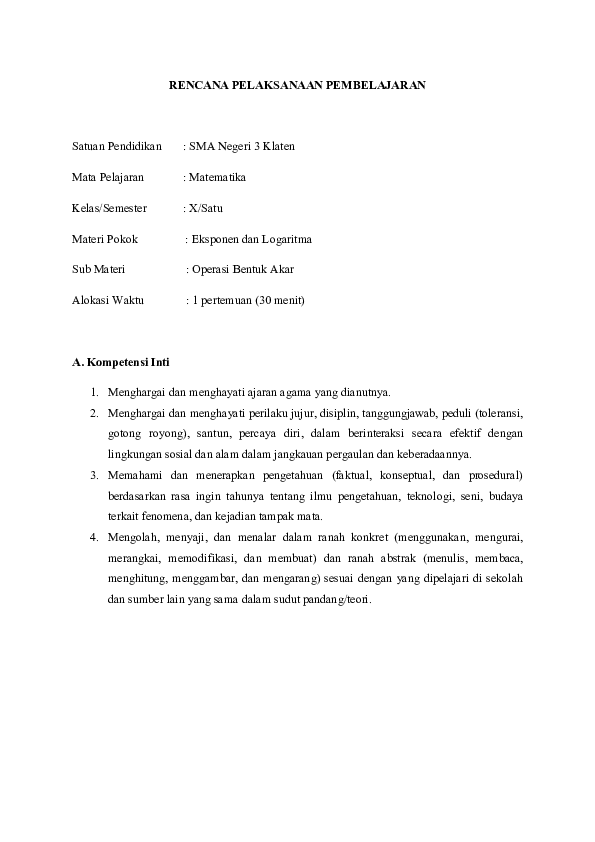 Pdf Rpp Operasi Bentuk Akar Sma Kelas X Semester 1 Duwie Kresno Wibowo Academia Edu