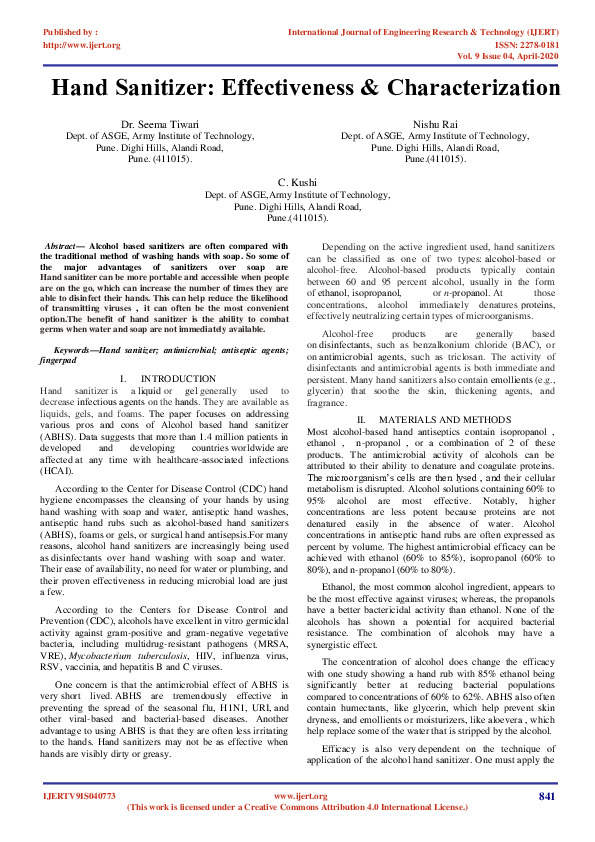 (PDF) IJERTHand Sanitizer Effectiveness & Characterization IJERT