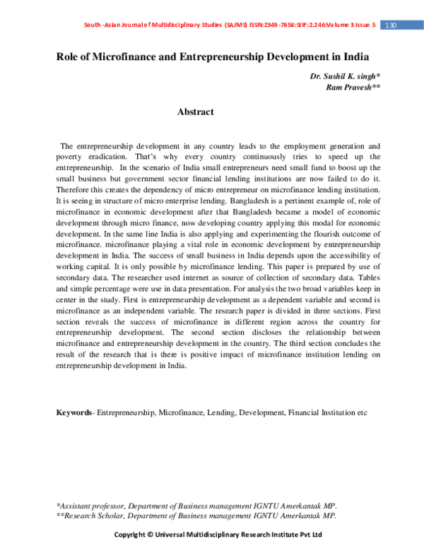 (PDF) Role of Microfinance and Entrepreneurship Development in India