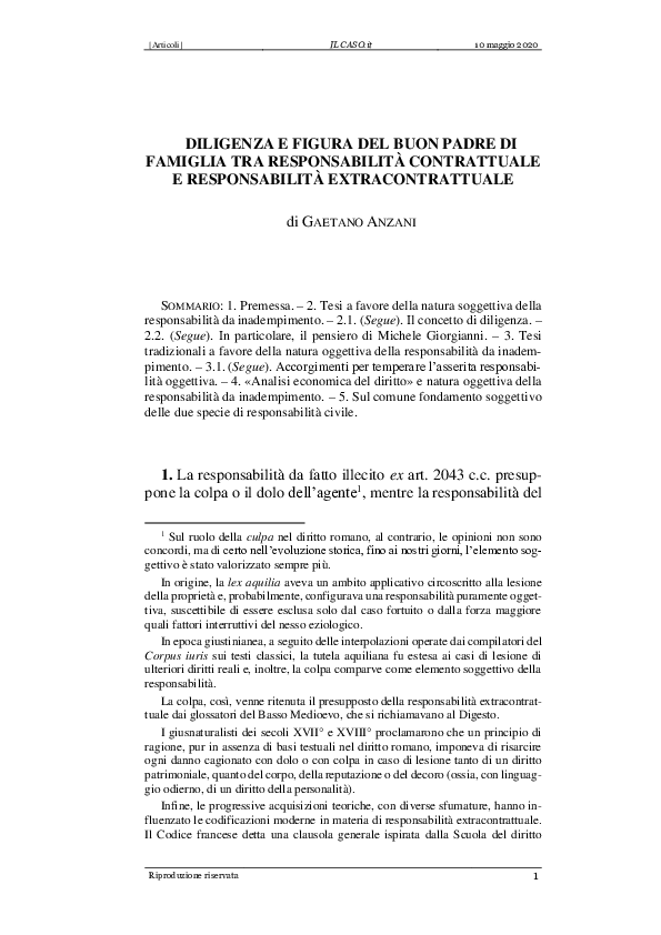 (PDF) Diligenza e figura del buon padre di famiglia tra responsabilità contrattuale e