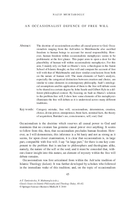(PDF) An Occasionalist Defence of Free Will