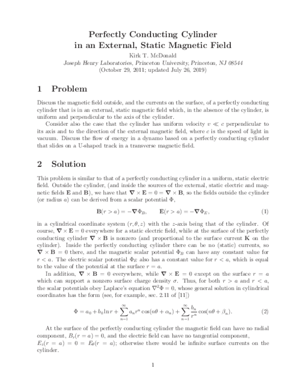 (PDF) Perfectly Conducting Cylinder in an External, Static Magnetic Field