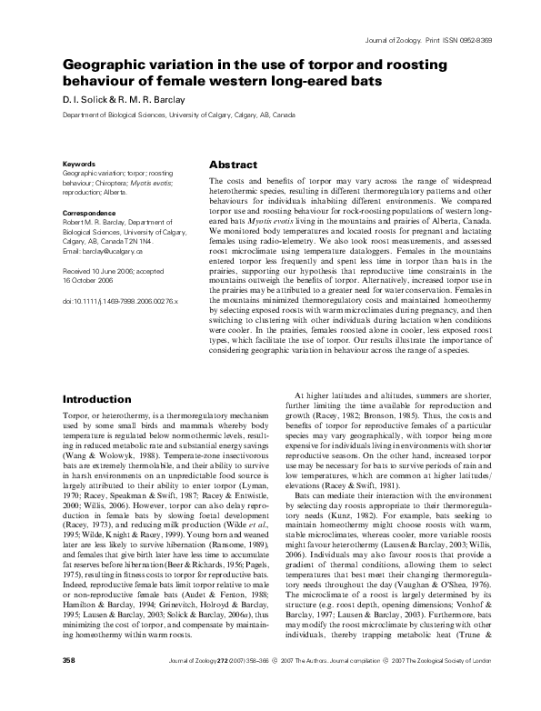 (PDF) Geographic variation in the use of torpor and roosting behaviour