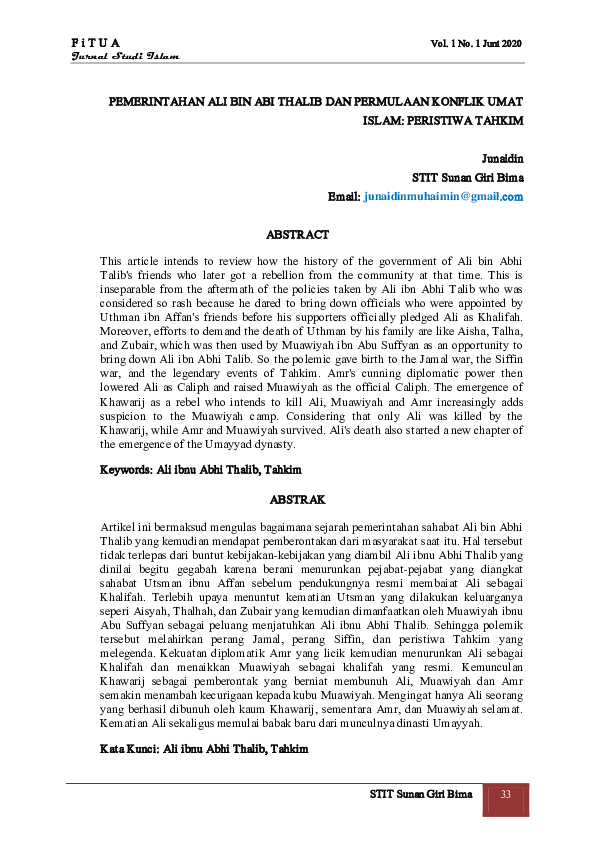 (PDF) PEMERINTAHAN ALI BIN ABHI THALIB DAN PERMULAAN KONFLIK UMAT ISLAM