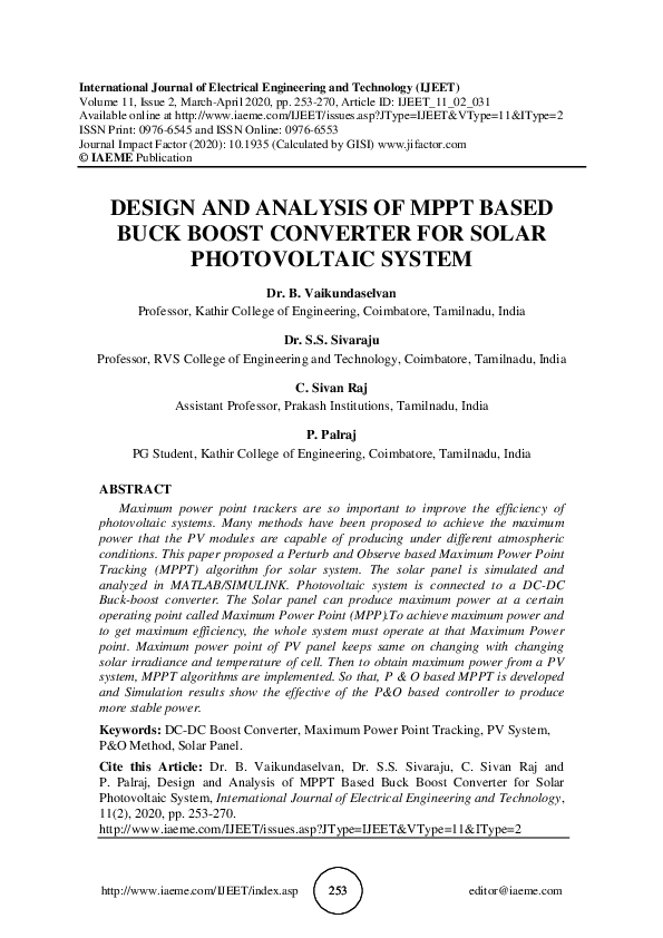 (PDF) DESIGN AND ANALYSIS OF MPPT BASED BUCK BOOST CONVERTER FOR SOLAR ...