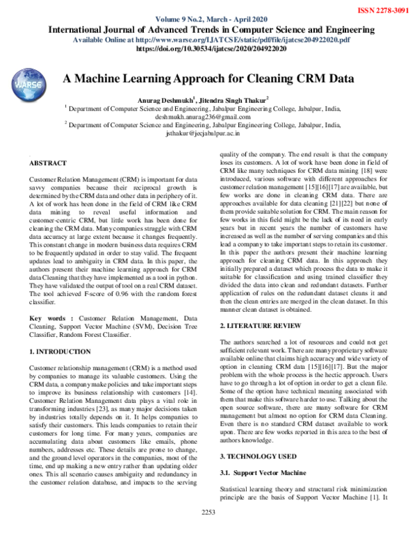 (PDF) A Machine Learning Approach for Cleaning CRM Data | WARSE The ...