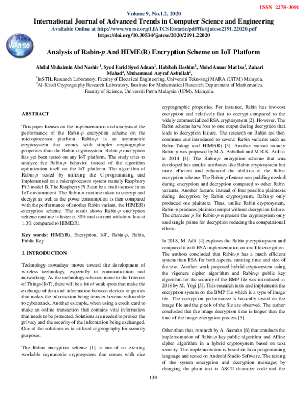 (PDF) Analysis of Rabin-p And HIME(R) Encryption Scheme on IoT Platform