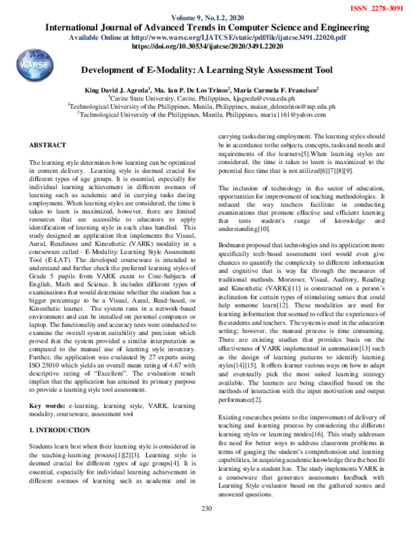 PDF) Development of E-Modality: A Learning Style Assessment Tool for Free Learning Style Assessment Printable