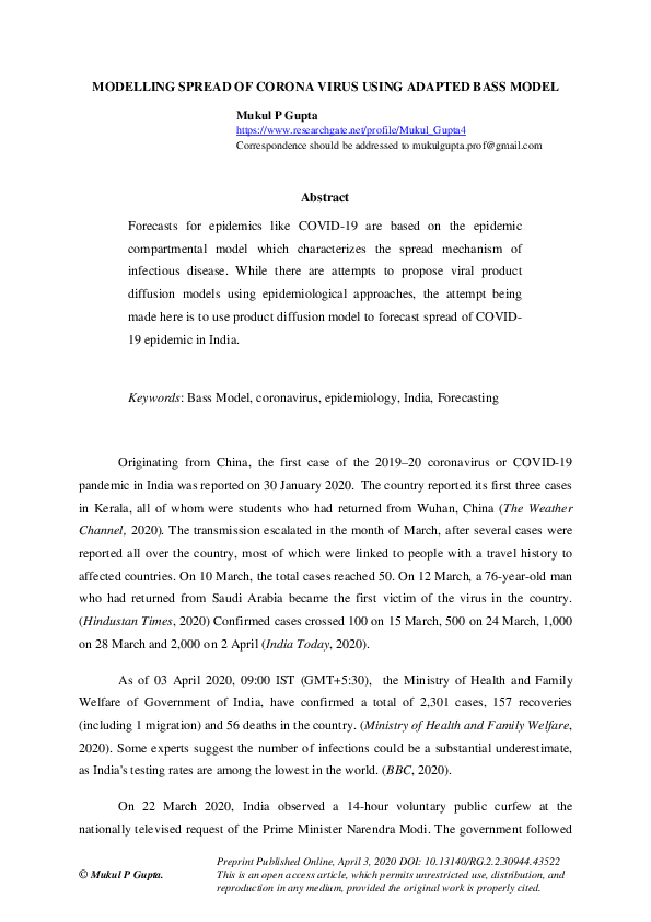(PDF) MODELLING SPREAD OF CORONA VIRUS USING ADAPTED BASS MODEL | Mukul ...