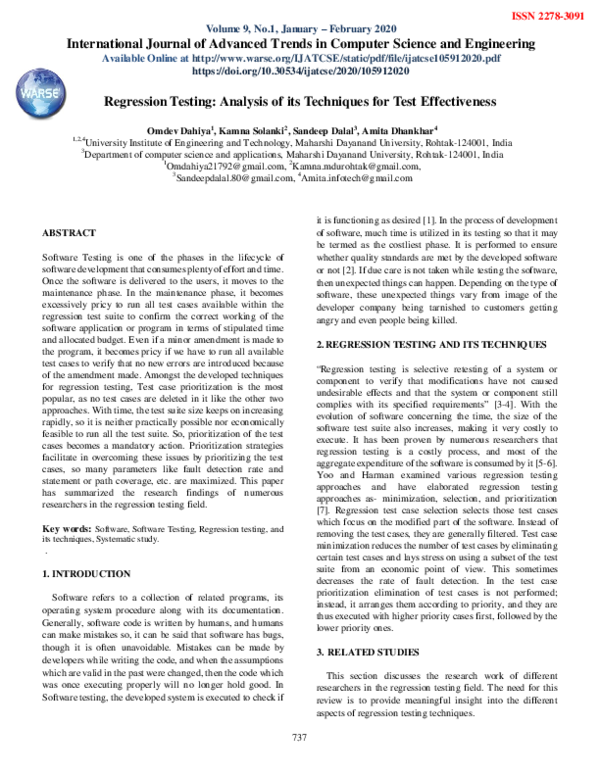 (PDF) Regression Testing: Analysis of its Techniques for Test Effectiveness