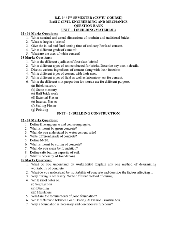 (DOC) Question Bank Basic Civil Engineering and Mechanics prakhar nigam Academia.edu