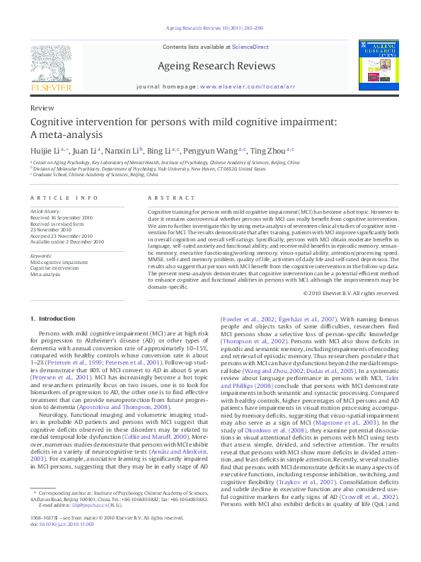 (PDF) Cognitive intervention for persons with mild cognitive impairment ...
